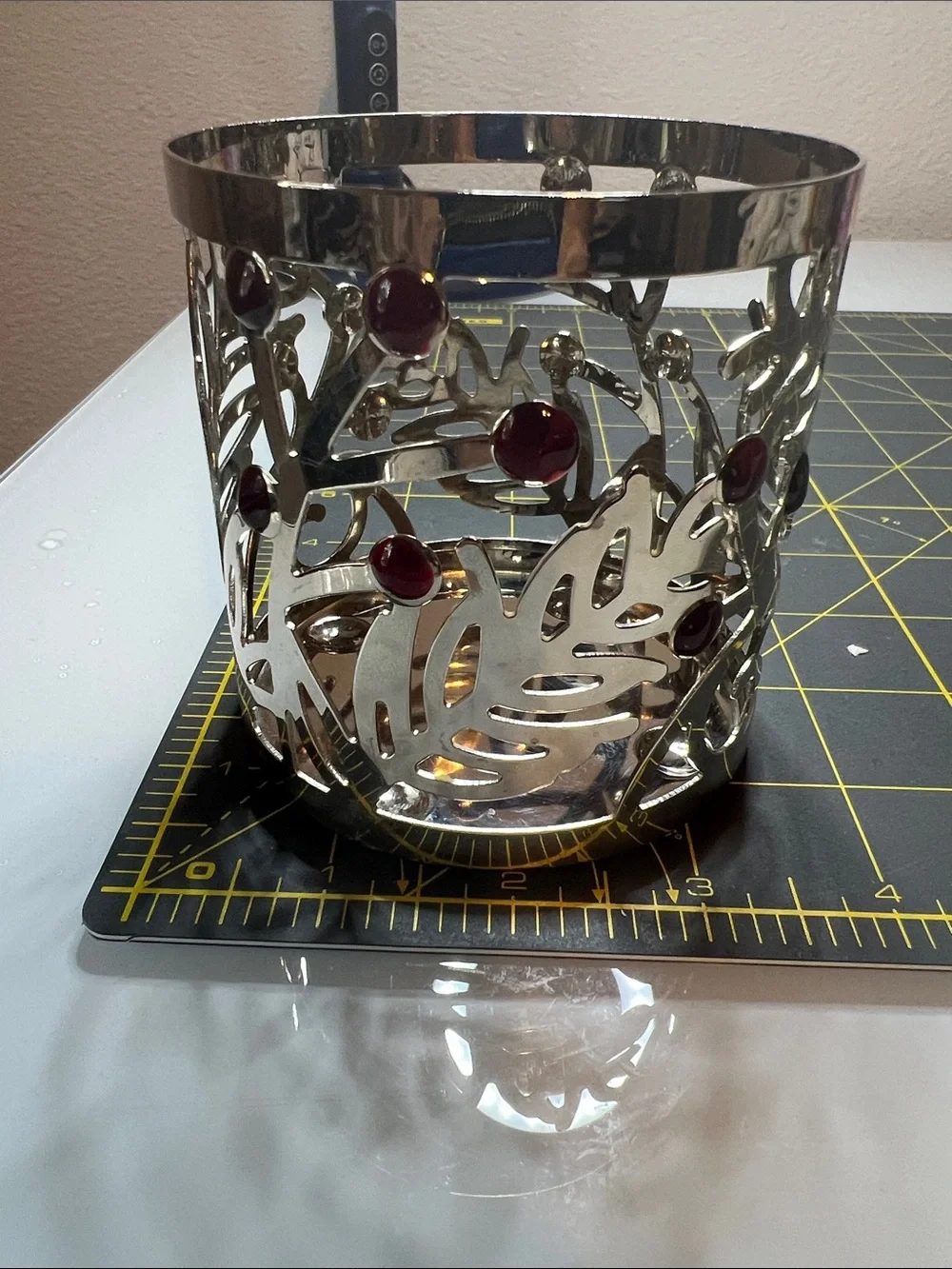 Silver Metal Leaf & Red Accent Candle Holder - Home Accents